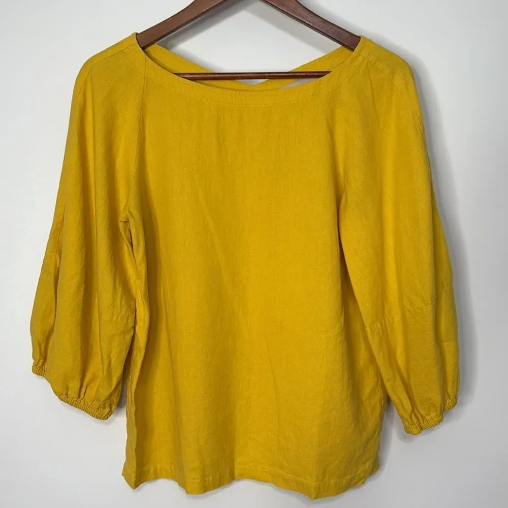 LOFT Linen Blend Balloon Sleeve Mustard Yellow Blouse XS
